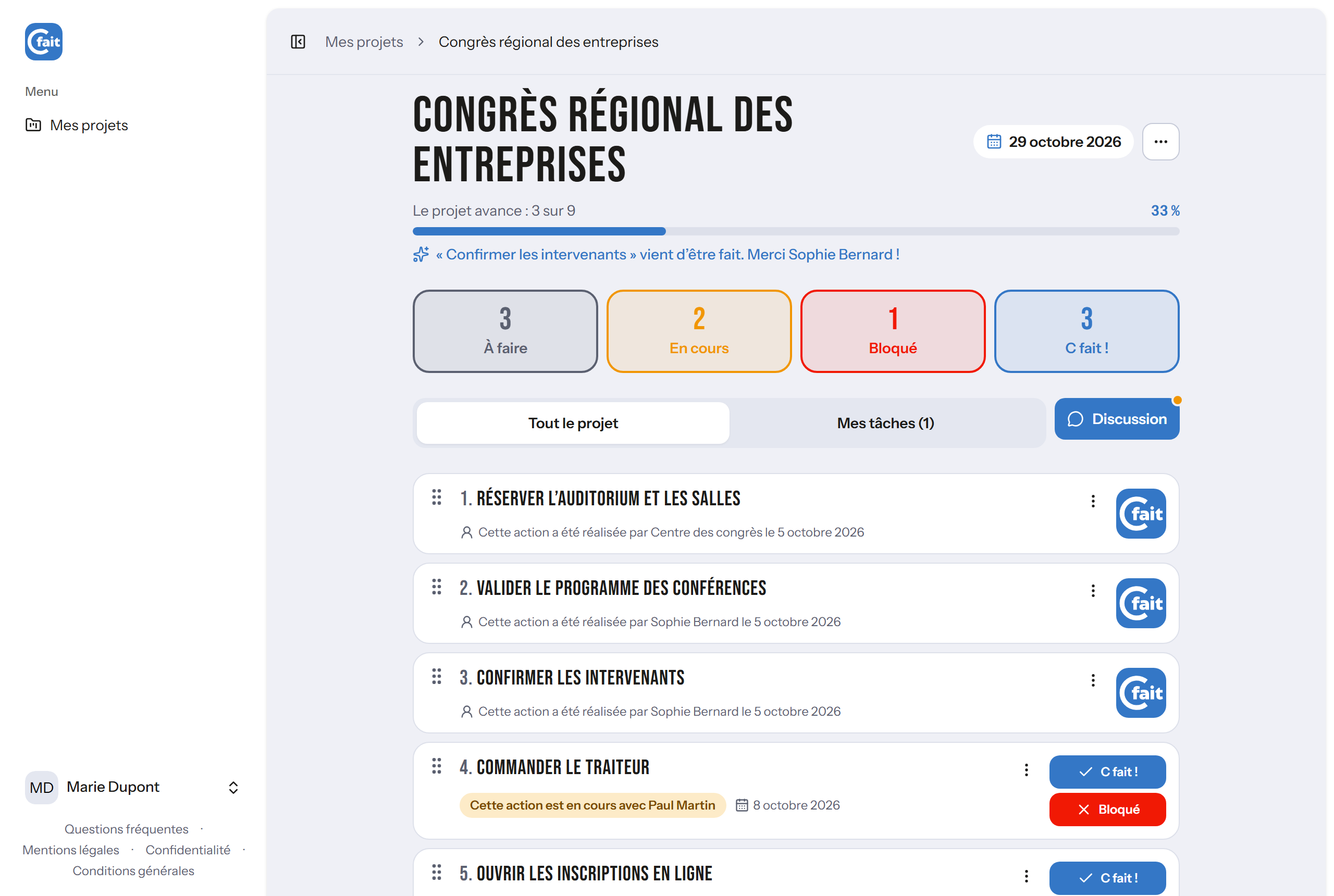 Un projet sur l’ordinateur : les actions, qui les fait, et où elles en sont.